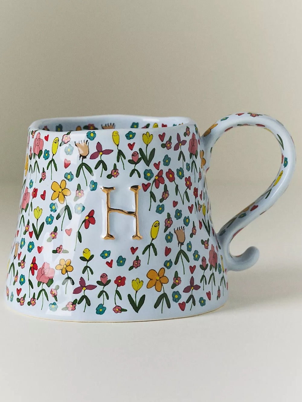 Anthropologie Mud Fairy Stoneware 24k Gold Accent Monogram H Mug